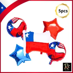 Set De Globos Decoración Fiestas Patrias - Bandera Estrellas Y Globos Viva Chile 5 Pcs - Regalos Chic