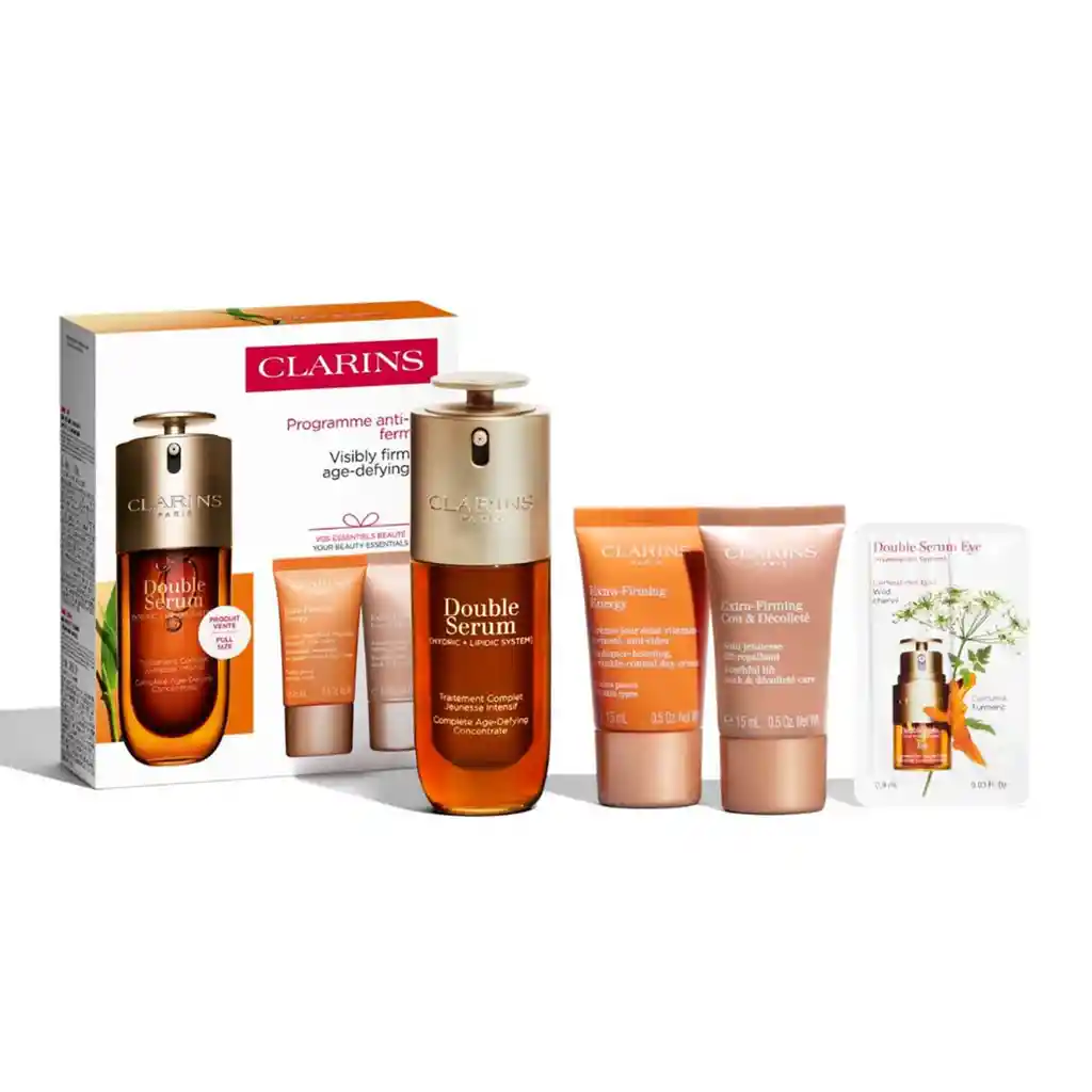 Set Clarins Double Serum 9 Y New Extra Firming 50 Ml + 15 Ml+ 15 Ml+ 0.9 Ml