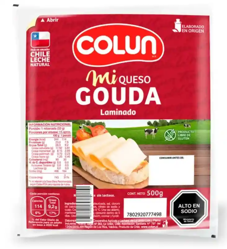 Queso Gauda Laminado Colun 500gr.