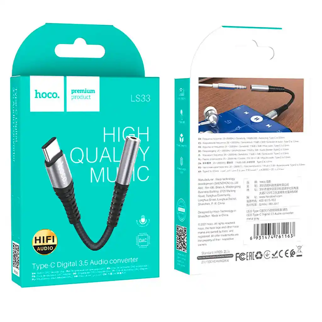 Adaptador Audio Hoco Ls33 Usb-c A Plug 3.5mm Negro