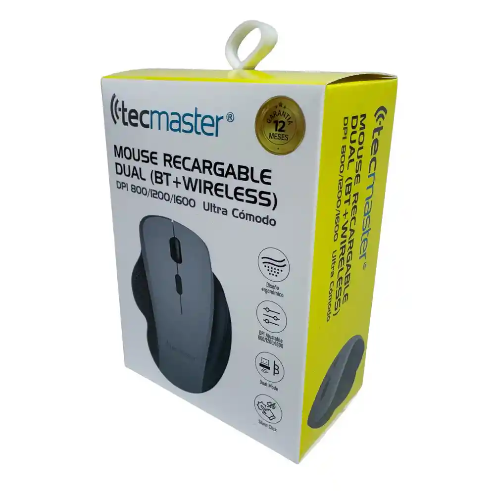 Tecmaster Mouse Ergonómico Dual, Bt + Wireless Recargable, Negro/gris