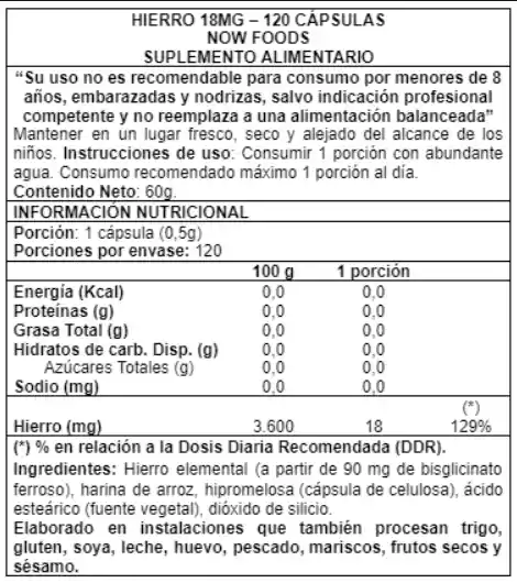 Fierro 18 Mg 120 Caps - Now Foods