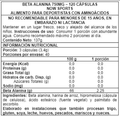 Beta Alanina 750mg 120 Caps - Now Foods