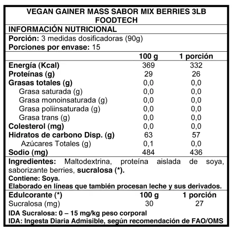 Vegan Gainer Mass 3 Lbs - Foodtech Berries