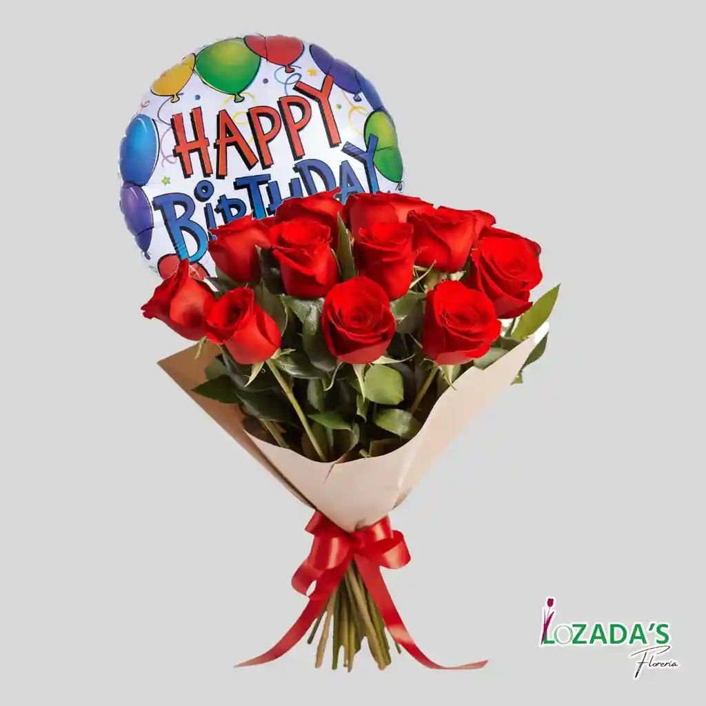 Ramo De 10 Rosas Con Globo De Cumpleaños 🎂🌹