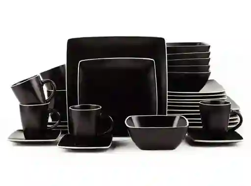Juego De Comida Ceramica Cuadrado 30pz Negro