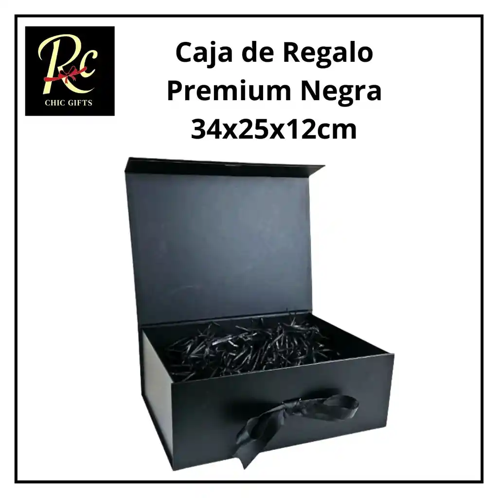 Caja De Regalo Premium Negra 34x25x12cm Con Lazo Y Tapa Magnética - Regalos Chic
