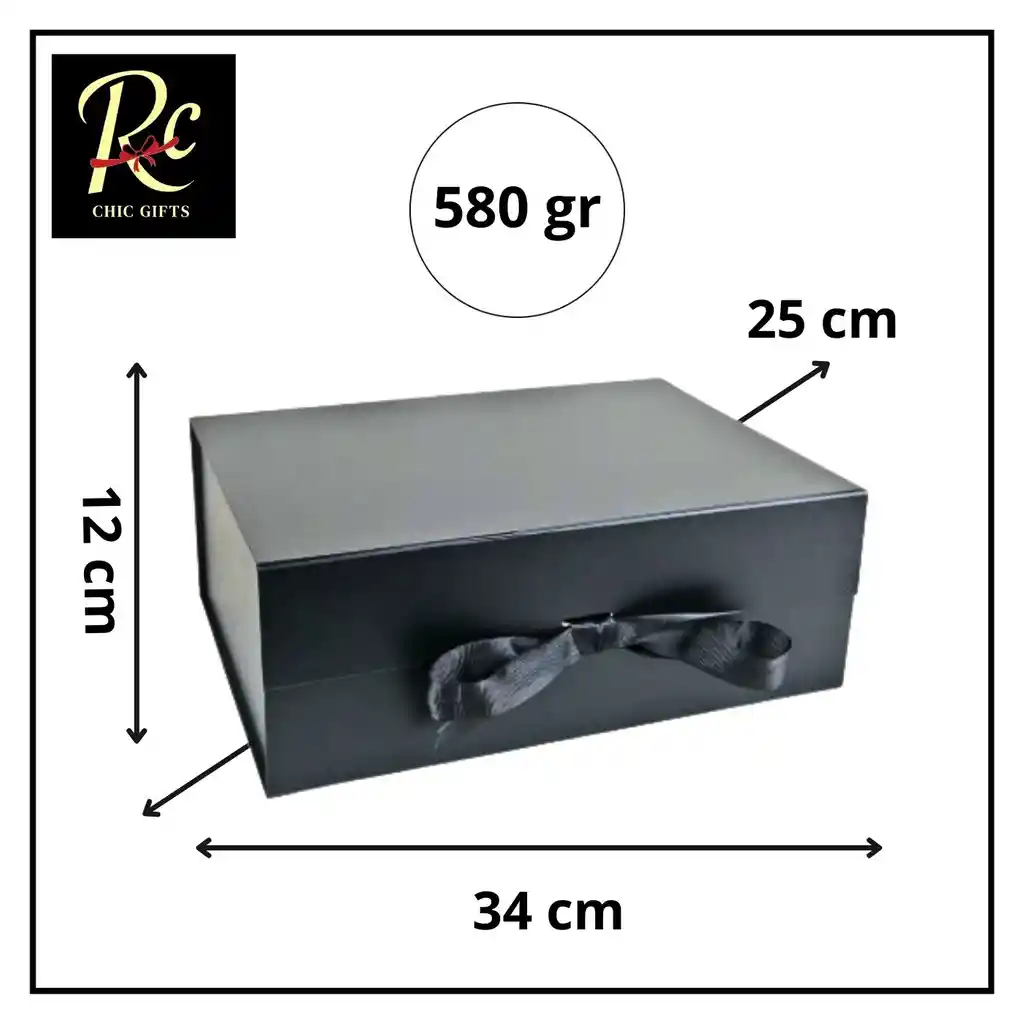 Caja De Regalo Premium Negra 34x25x12cm Con Lazo Y Tapa Magnética - Regalos Chic