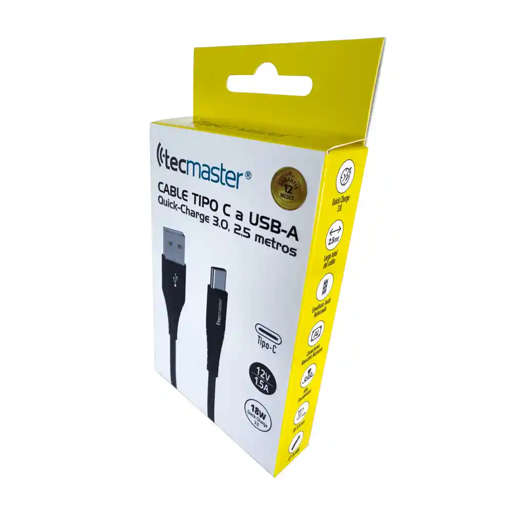Tecmaster Cable Tipo-c A Usb-a Qc 3.0 De 2.5 Mt, Negro