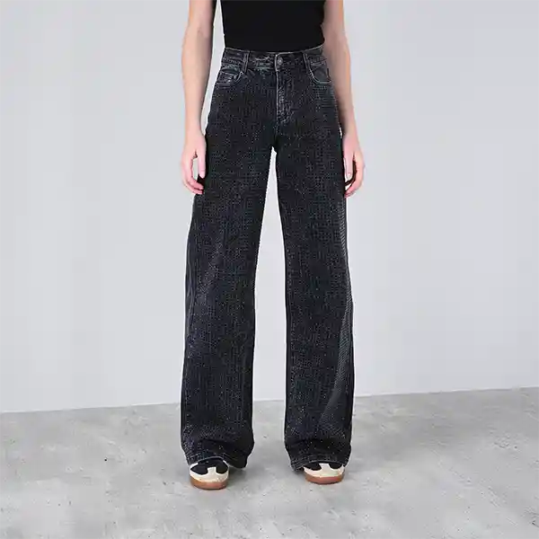 Pantalón Wide Leg Strass Negro 40 Mujer Raindoor