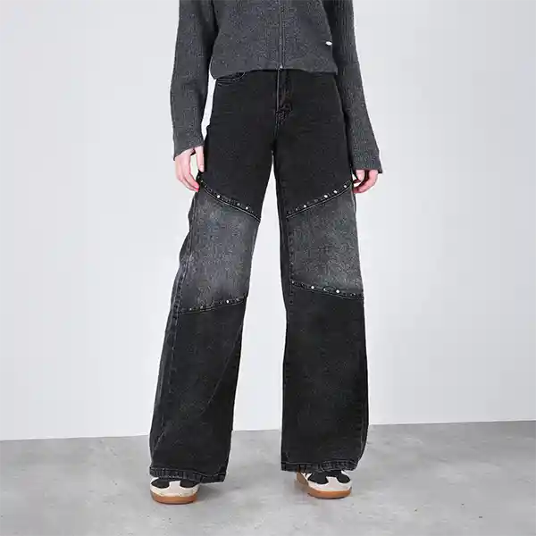 Pantalón Wide Leg Diagonal Tachas Negro 32 Mujer Raindoor