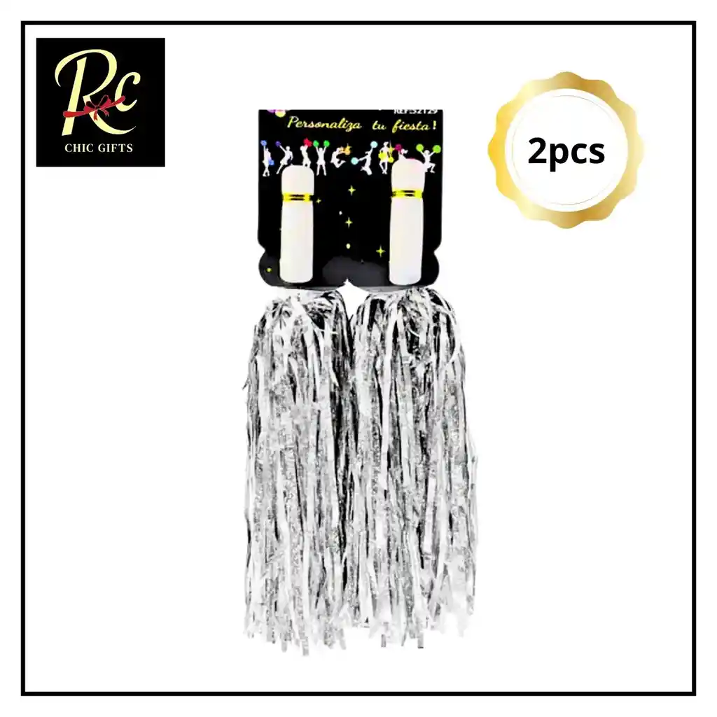 Pompones De Animadora Metálicos - Set De 2 Plata Holográficos - Regalos Chic