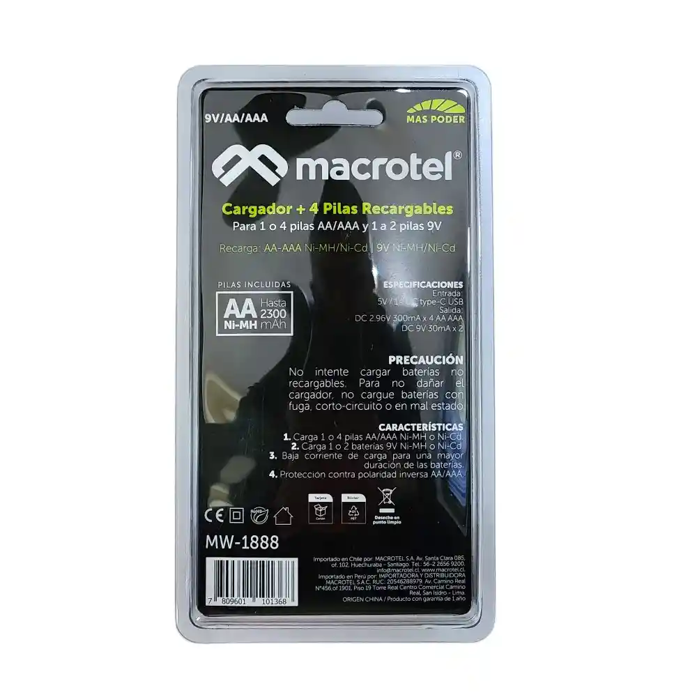 Pack Cargador Usb-c Con 4 Pilas Aa Macrotel 2300mha