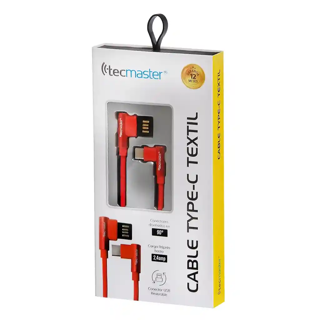 Cable Usb Tipo C Textil 90° Tecmaster Rojo