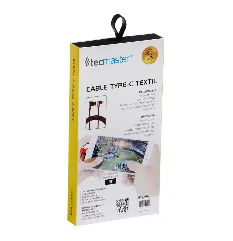 Cable Usb Tipo C Textil 90° Tecmaster Rojo