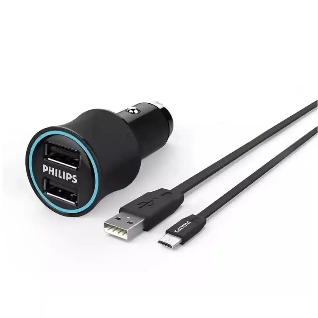 Cargador Auto Usb Doble Con Cable Usb A Micro Usb Philips