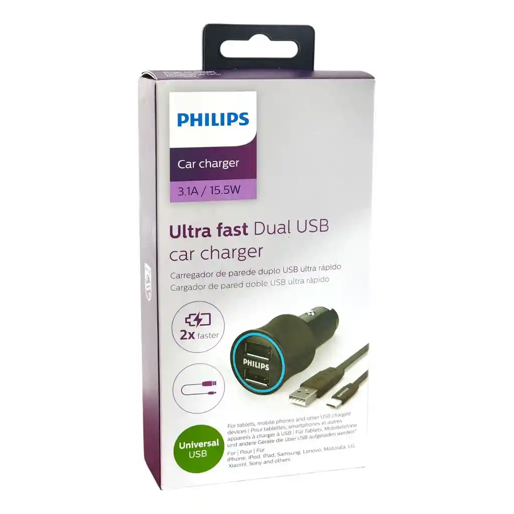 Cargador Auto Usb Doble Con Cable Usb A Micro Usb Philips