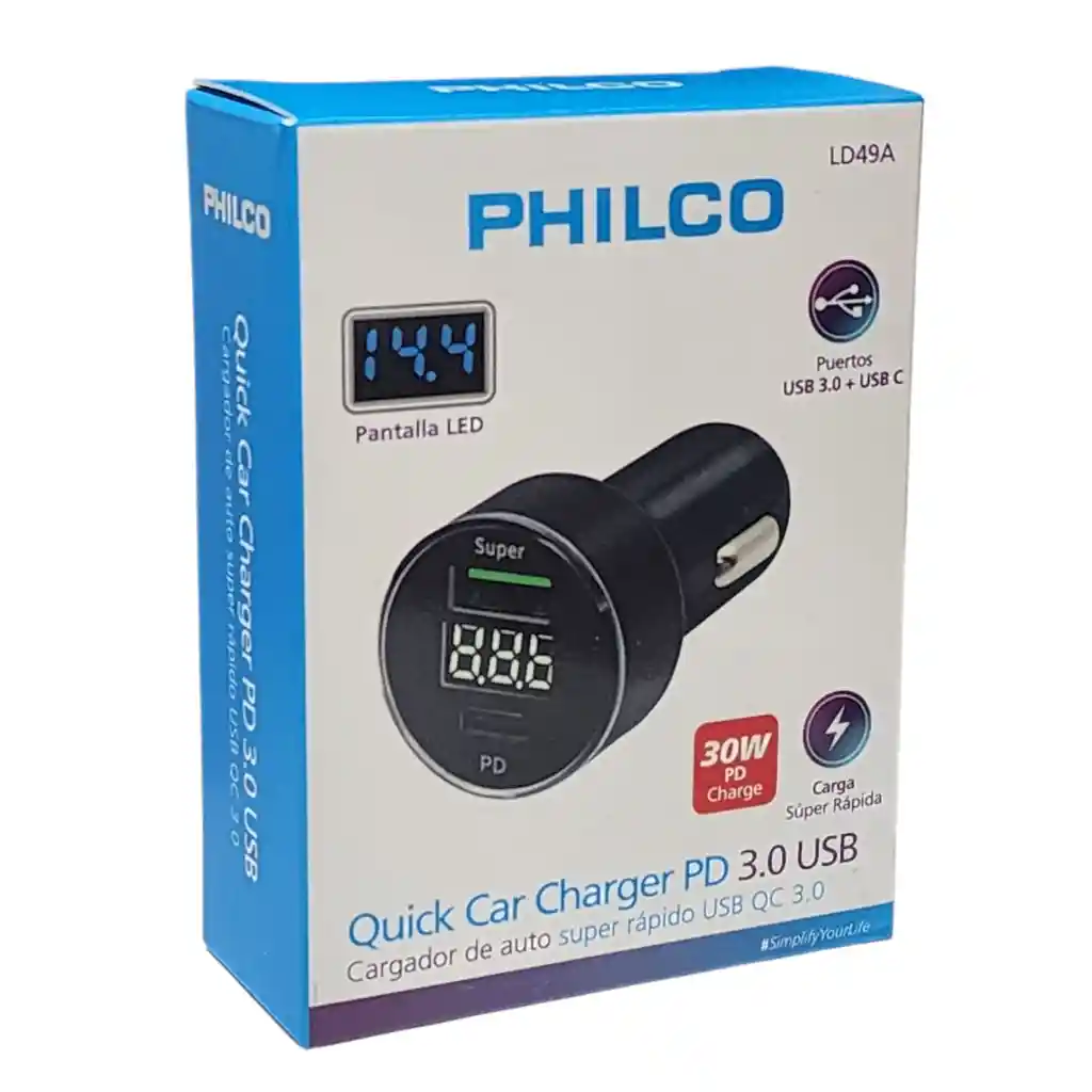 Cargador De Auto Usb 3.0 + Usb-c Pantalla Led Ld49a Philco