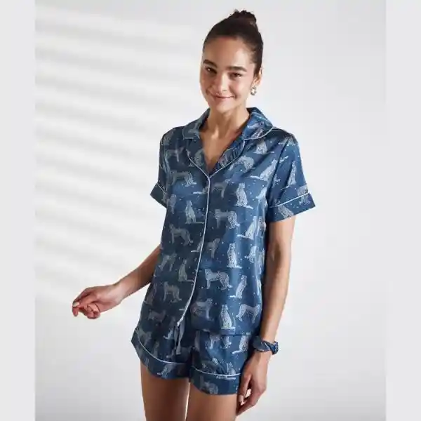 Set Pijama Camisero Satinado Tigres Xl Azul