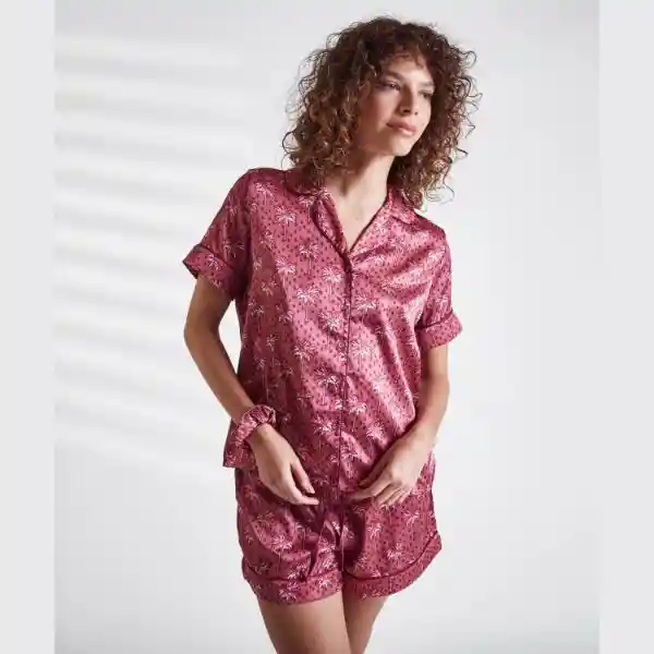 Set Pijama Camisero Satinado Palmeras L Burdeo