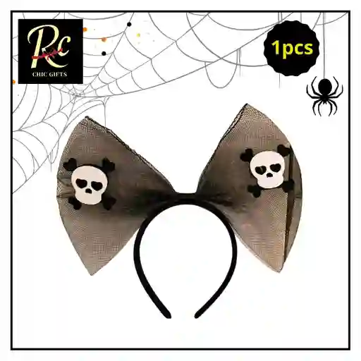 Diadema Moño Negra Con Calaveras - Accesorio Gótico Halloween - Regalos Chic