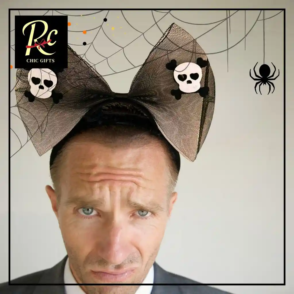 Diadema Moño Negra Con Calaveras - Accesorio Gótico Halloween - Regalos Chic