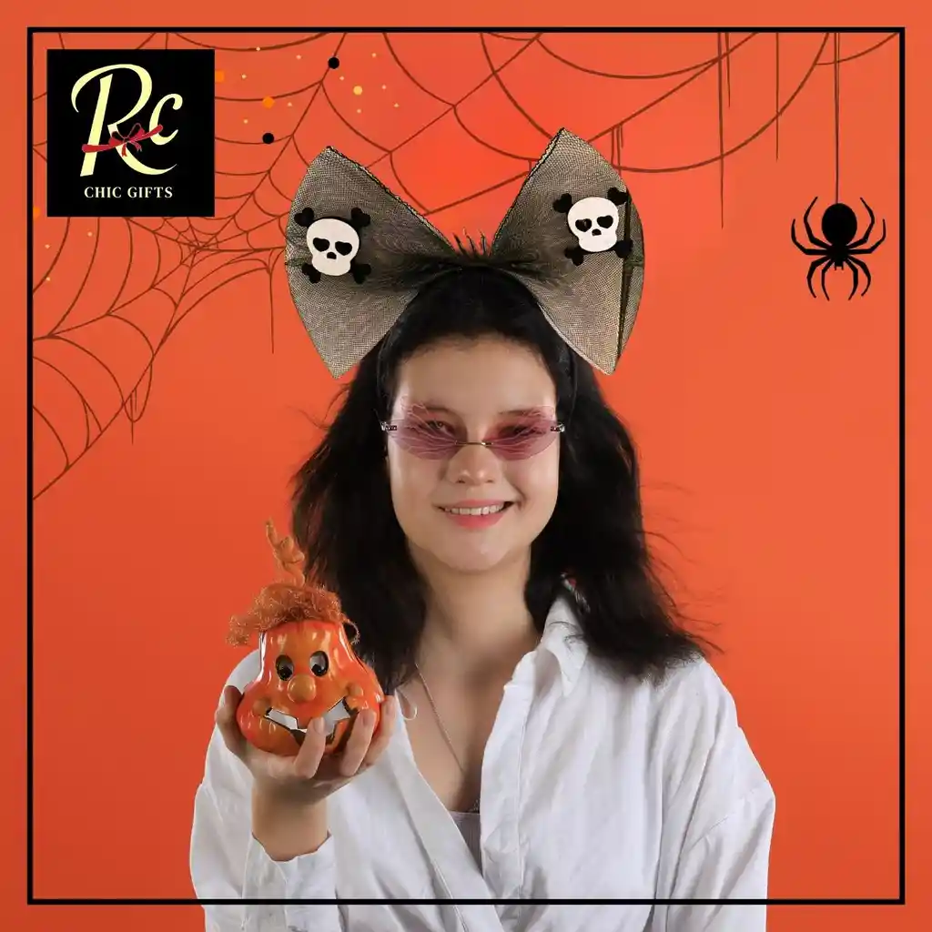 Diadema Moño Negra Con Calaveras - Accesorio Gótico Halloween - Regalos Chic