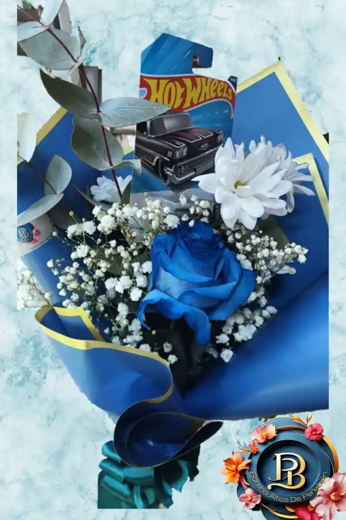 Rosa Individual Azul Con Follaje Y Auto