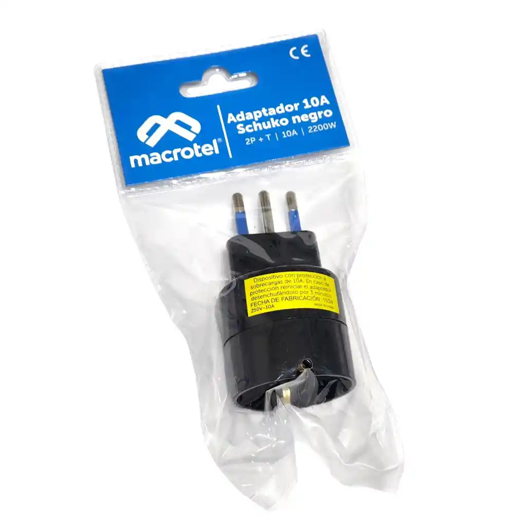 Adaptador Schuko 10a 250v 1500w Protección Me-1109n Macrotel