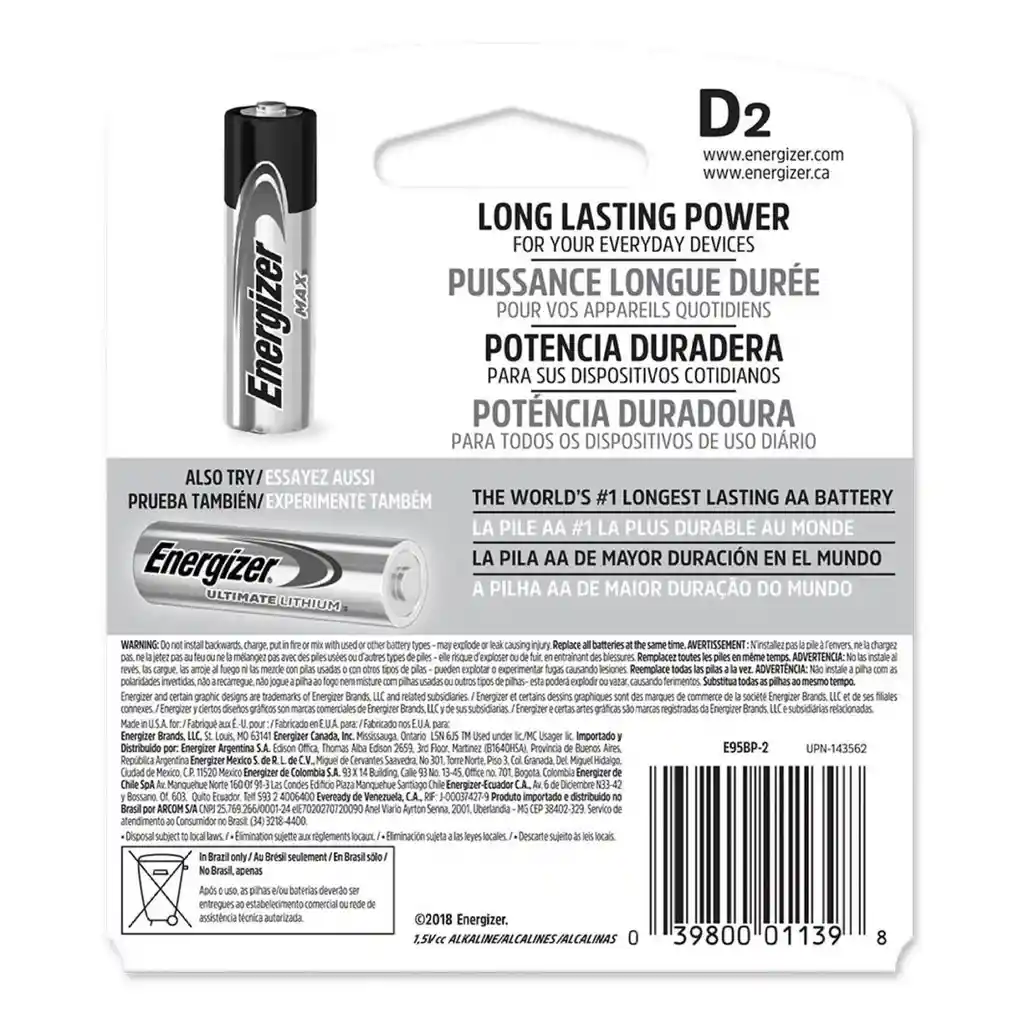 Pack 2 Pilas Energizer Max D Alcalina