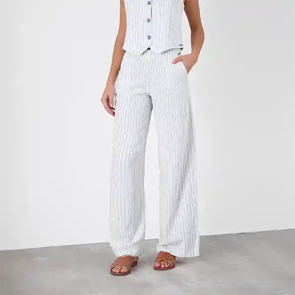 Pantalón Rayas Lino Azul L Mujer Raindoor