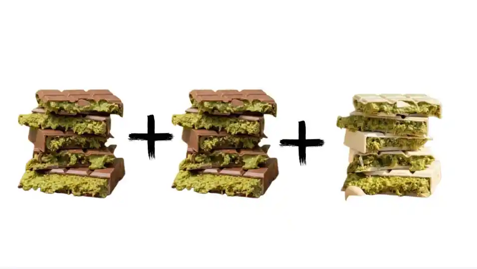 Packs Barras Pistacho Viral Dubai 3x: Chocolate Leche + Chocolate Amargo + Chocolate Blanco