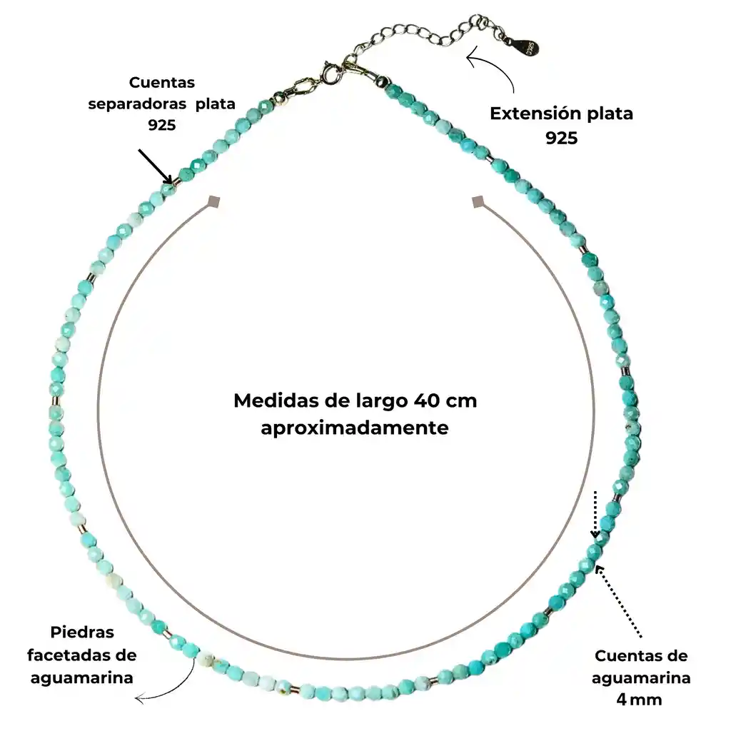 Collar Gargantilla Aguamarina 4mm Plata Fina 925 Terranova