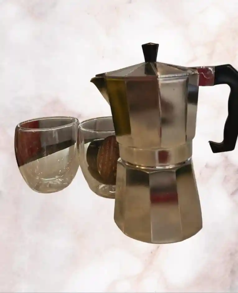 Set Taza Doble Vidrio Espresso + Cafetera Moka