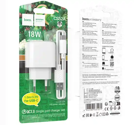 Cargador 18w Usb Tipo C - Hoco Cs52a