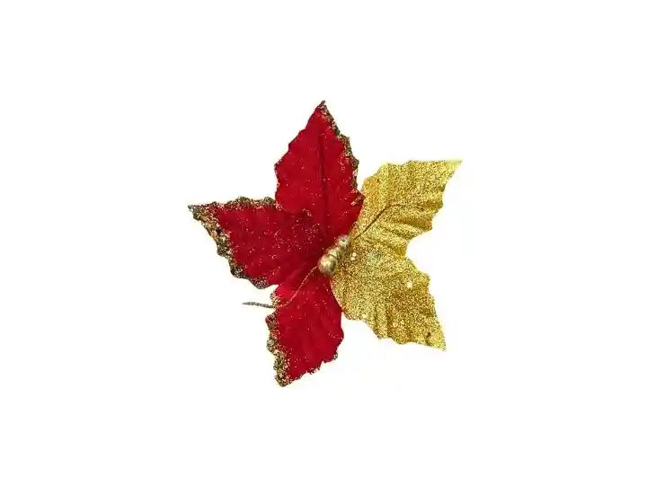 Flor Decorativa Roja Y Dorada Decoración Navideña Con Brillos Y Hojas Doradas, Pequeña