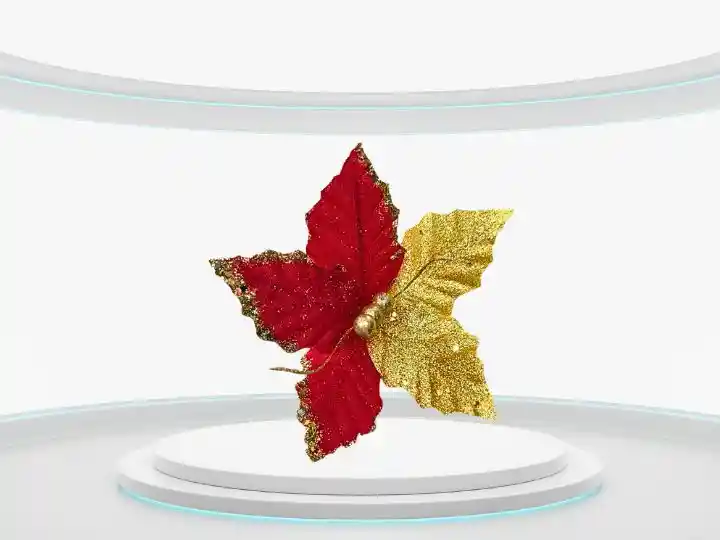 Flor Decorativa Roja Y Dorada Decoración Navideña Con Brillos Y Hojas Doradas, Pequeña