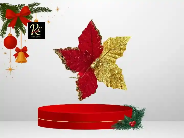 Flor Decorativa Roja Y Dorada Decoración Navideña Con Brillos Y Hojas Doradas, Pequeña
