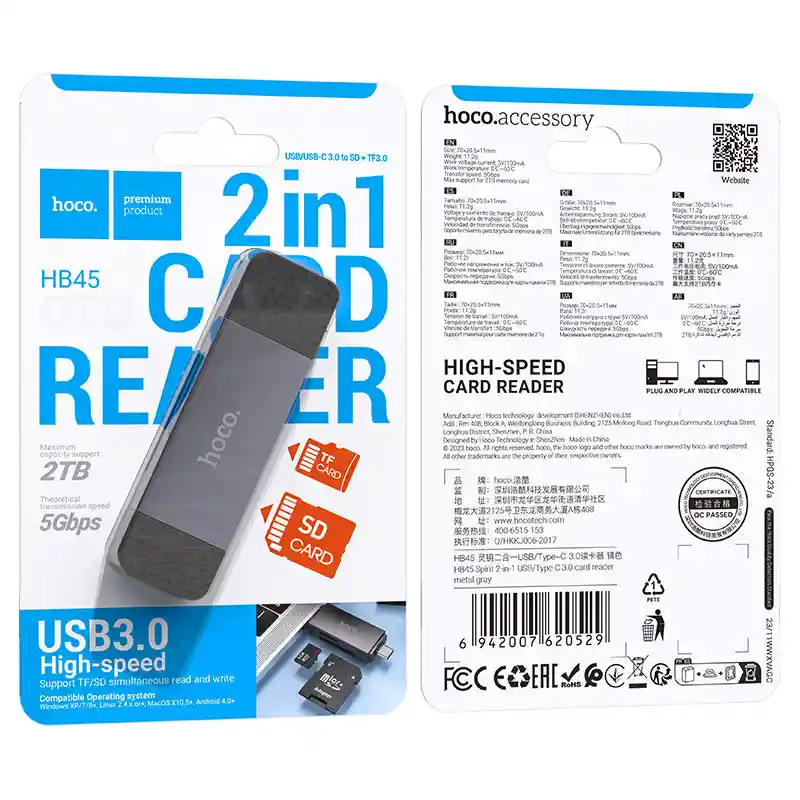 Lector De Tarjetas Sd Usb + Tipo C 2.0 O 3.0 - Hoco “hb45 Spirit”