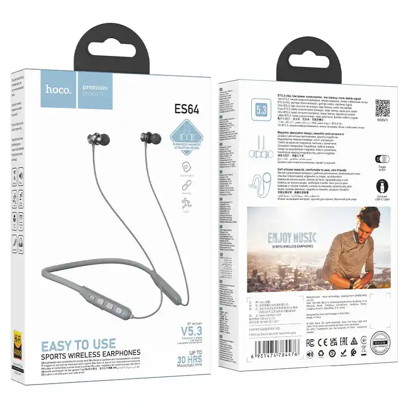 Audífonos Bluetooth Deportivos - Hoco Es64 Easy Sound Sports - Gris