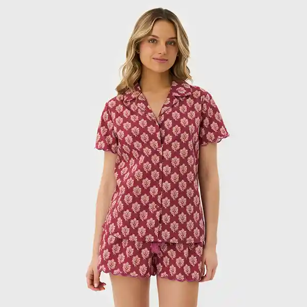 Pijama Camisero Boho Algodón M Burdeo