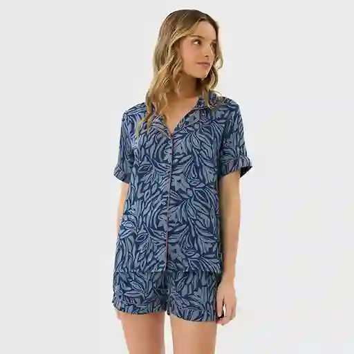 Pijama Camisero Hojas Satinado S Azul