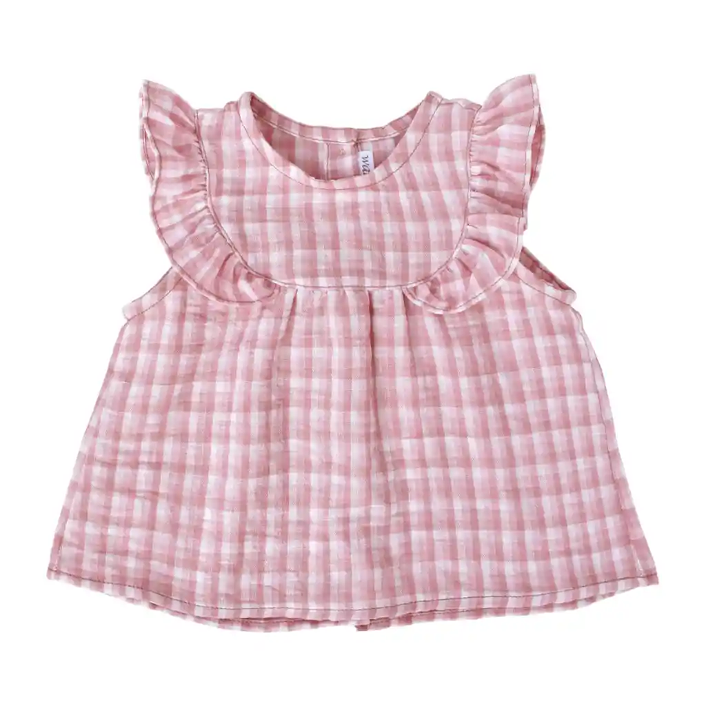 Warmi Blusa Celeste Lino Cuadrille Palo Rosa 3a6