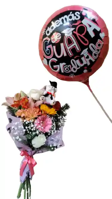 Ramo Con Mix De Flores, Osito De Grado Y Globo Graduada