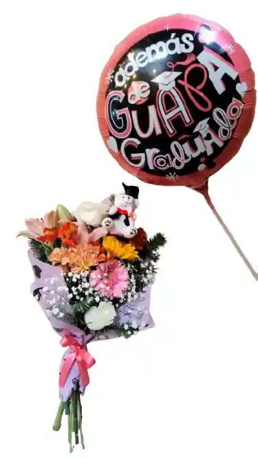 Ramo Con Mix De Flores, Osito De Grado Y Globo Graduada
