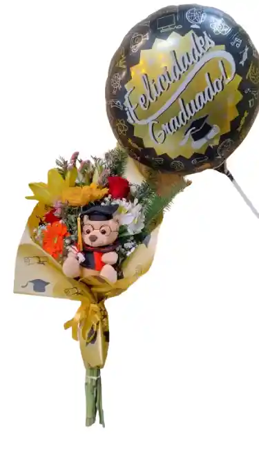 Ramo Con Mix De Flores, Oso Grado Mediano Y Globo Graduado