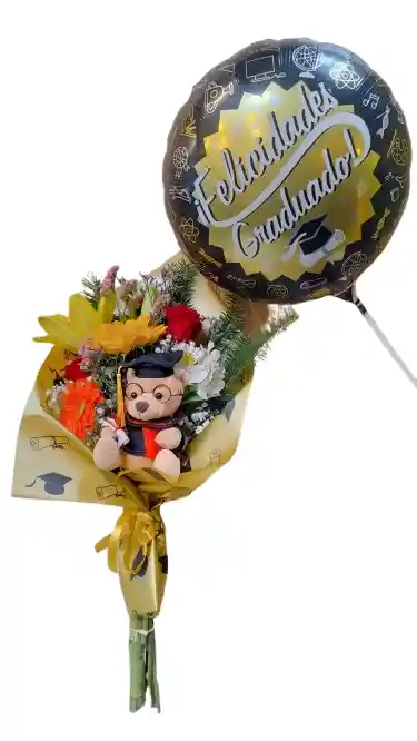 Ramo Con Mix De Flores, Oso Grado Mediano Y Globo Graduado