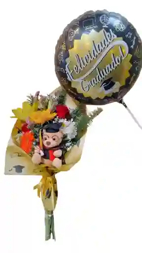 Ramo Con Mix De Flores, Oso Grado Mediano Y Globo Graduado