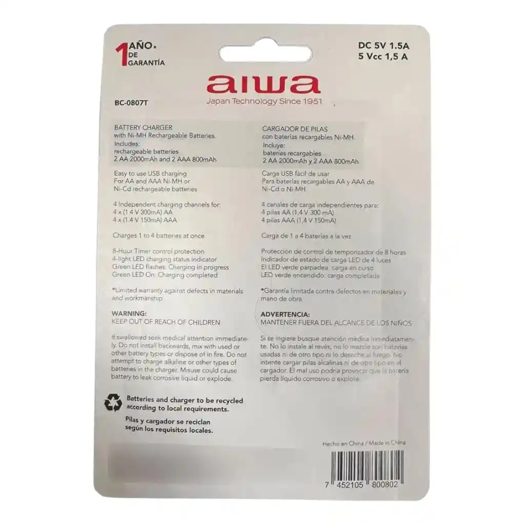 Aiwa Cargador Usb Para Pilas Aa Y Aaa – Incluye 4 Pilas