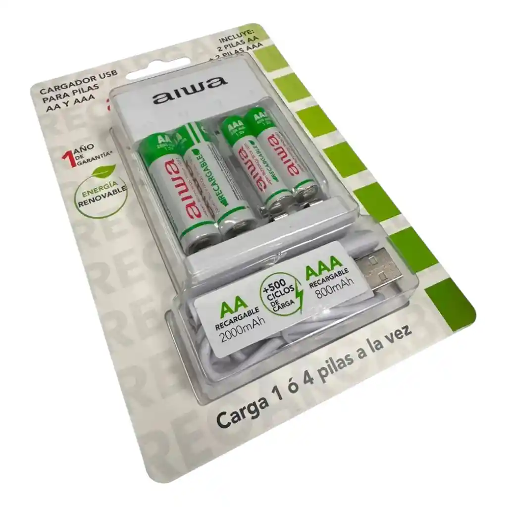 Aiwa Cargador Usb Para Pilas Aa Y Aaa – Incluye 4 Pilas